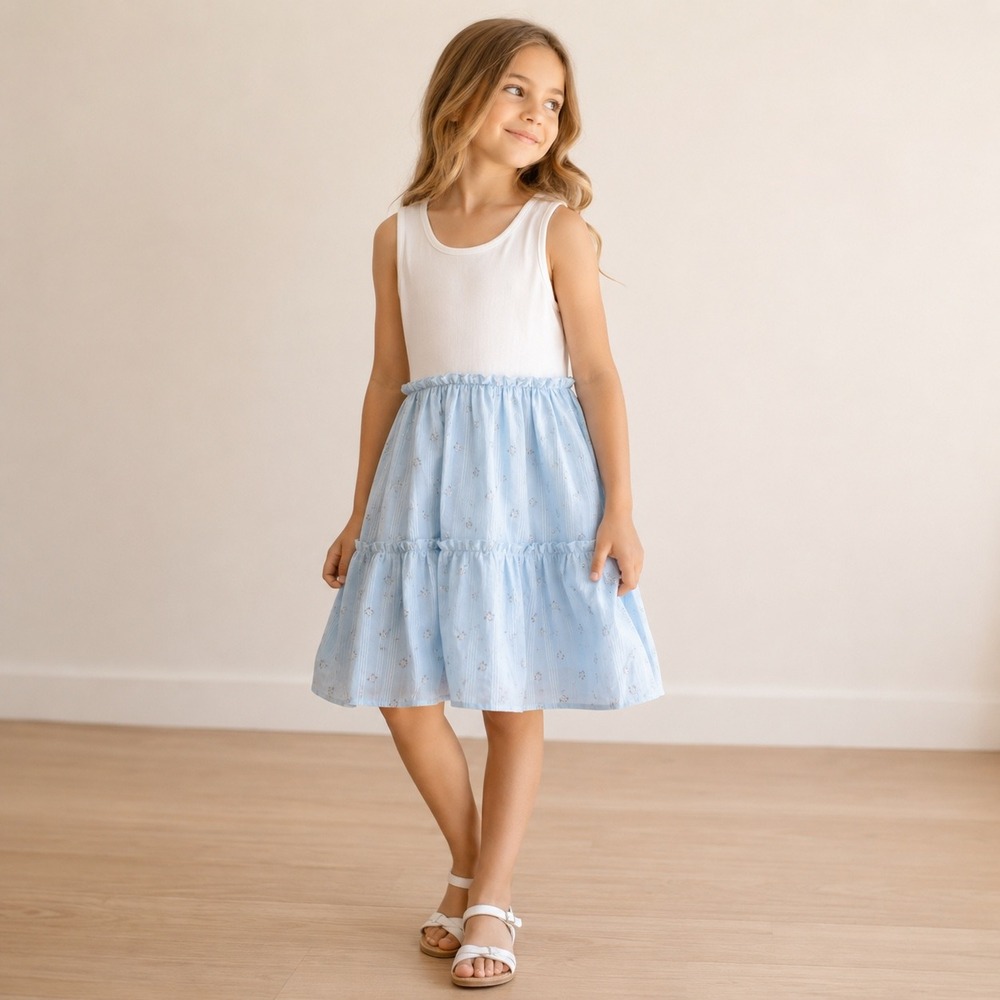 Cat & Jack Girls White Blue Tiered Floral Tank Dress NWT Size L 10/12